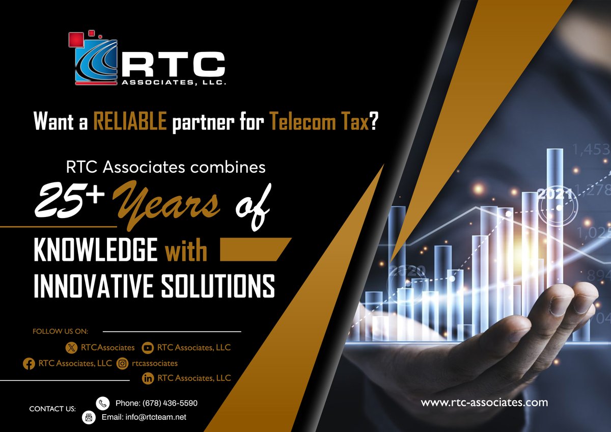 RTCAssociates's tweet image. ✅25 Years of Knowledge with Innovative Solutions!📊

With 25 years of industry experience, the experts at RTC Associates bring knowledge and innovation to telecom tax compliance. Stay ahead with reliable solutions designed for accuracy and efficiency!

#TelecomTax
#RTCExperts