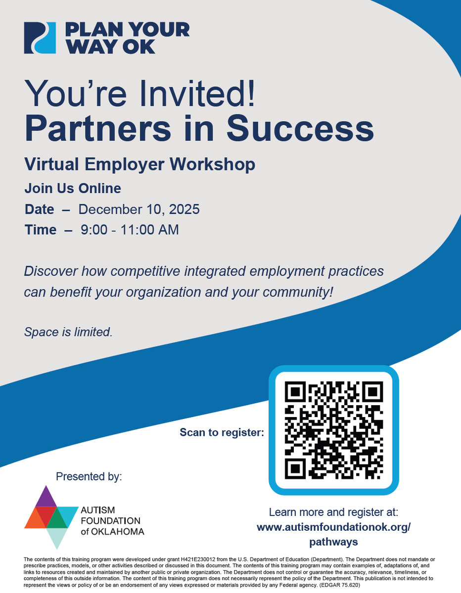 AutismFoundOK's tweet photo. 📣Calling all employers! Join us on Zoom, Wed. Dec. 10th, from 9am-11am for our Partners in Success workshop! 📣Visit https://t.co/BgjjAQ0FVj to RSVP your spot! https://t.co/VW7y0zVVhC