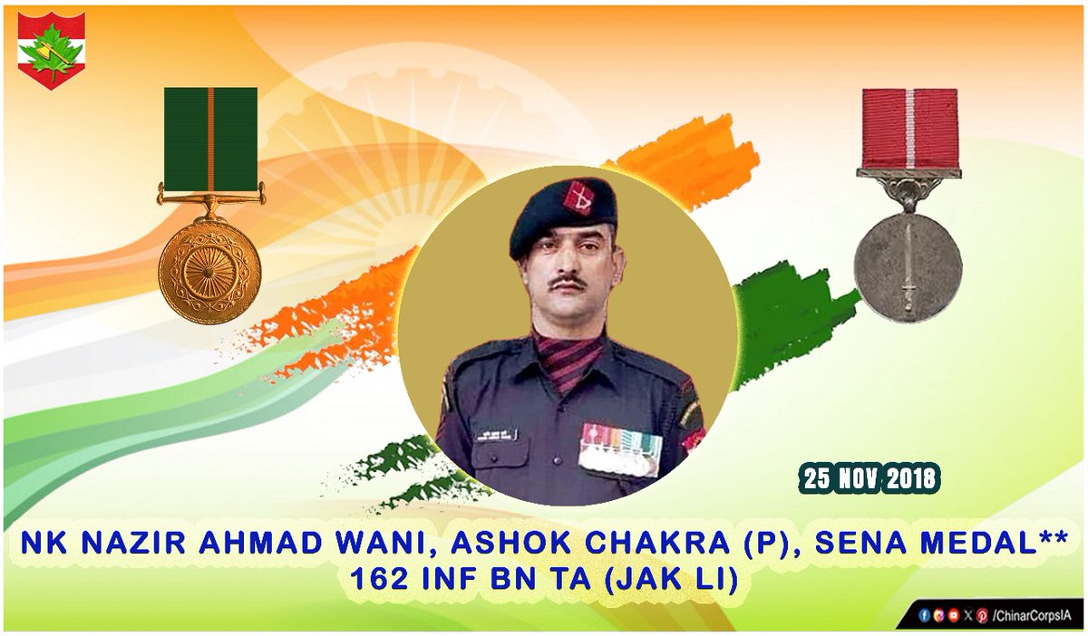 ChinarcorpsIA's tweet image. Chinar Corps Commander and all ranks pay heartfelt homage to Nk Nazir Ahmad Wani, Ashok Chakra (P), SM**, 162 Inf Bn TA (JAK LI), who made the supreme sacrifice during OP SHOPIAN on 25 Nov 2018.

His unmatched courage and unwavering dedication to the Nation remain eternal,…
