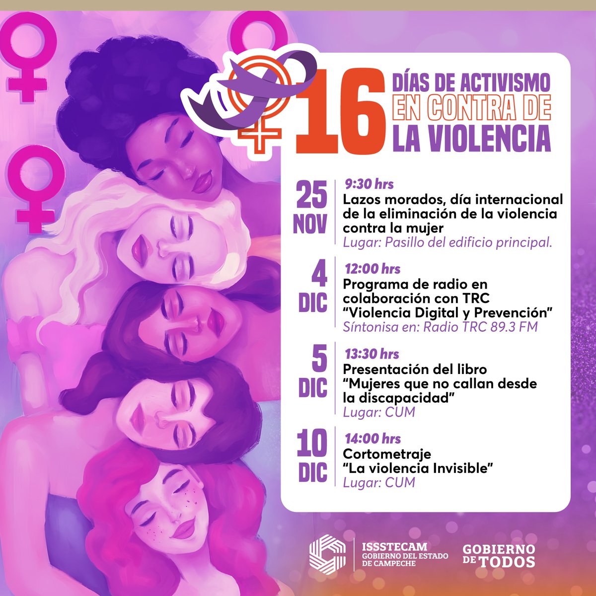 Issstecam's tweet image. En el ISSSTECAM estamos preparados para participar en los 16 Días de Activismo en el marco del Día Internacional para la Eliminación de la Violencia contra la Mujer. Les dejamos el programa de actividades que se desarrollará en nuestra institución para conmemorar esta fecha.