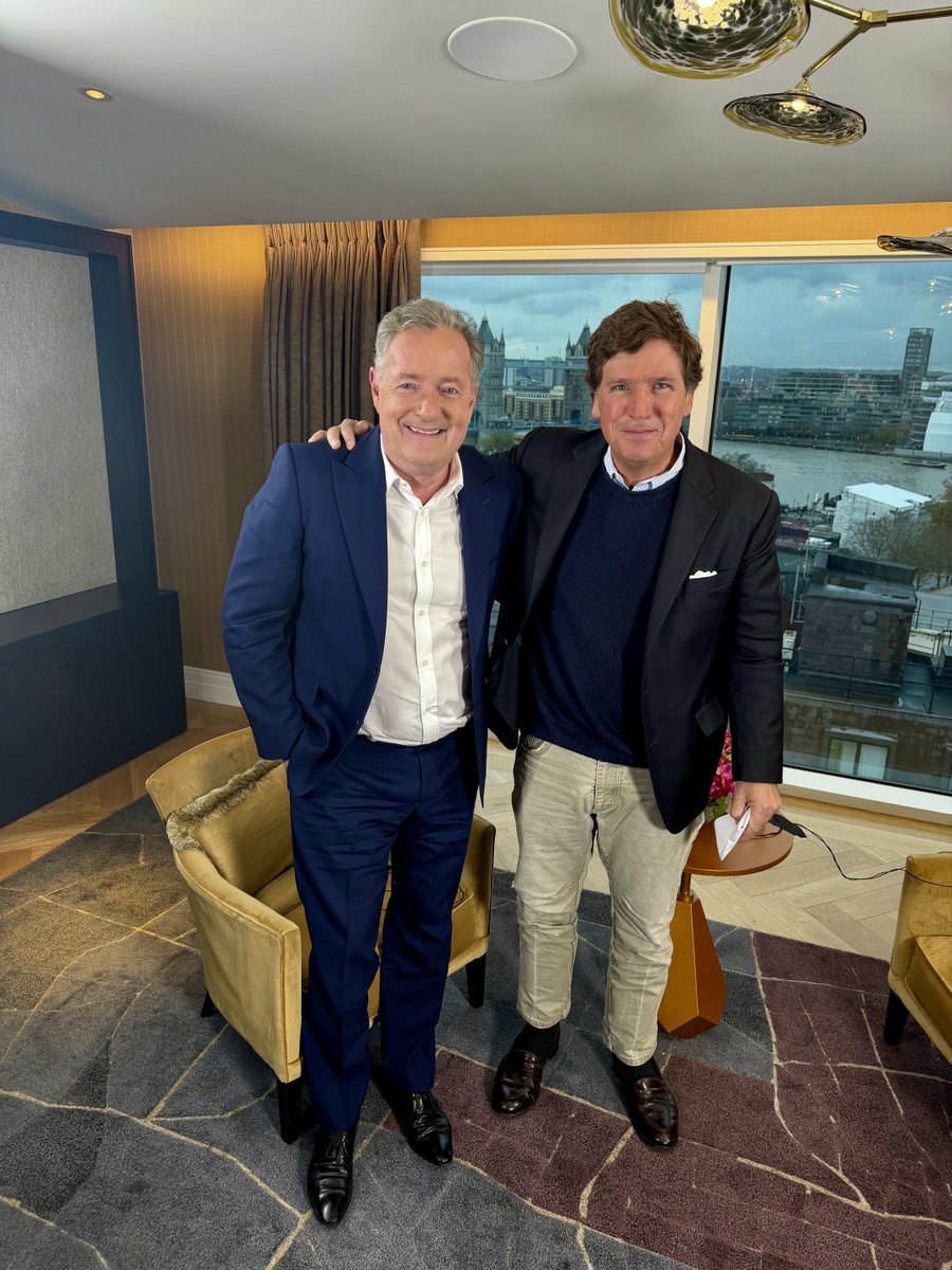 piersmorgan's tweet image. Welcome to the world’s greatest city, Tucker. Enjoyed our chat… as spicy🔥 as ever. #London