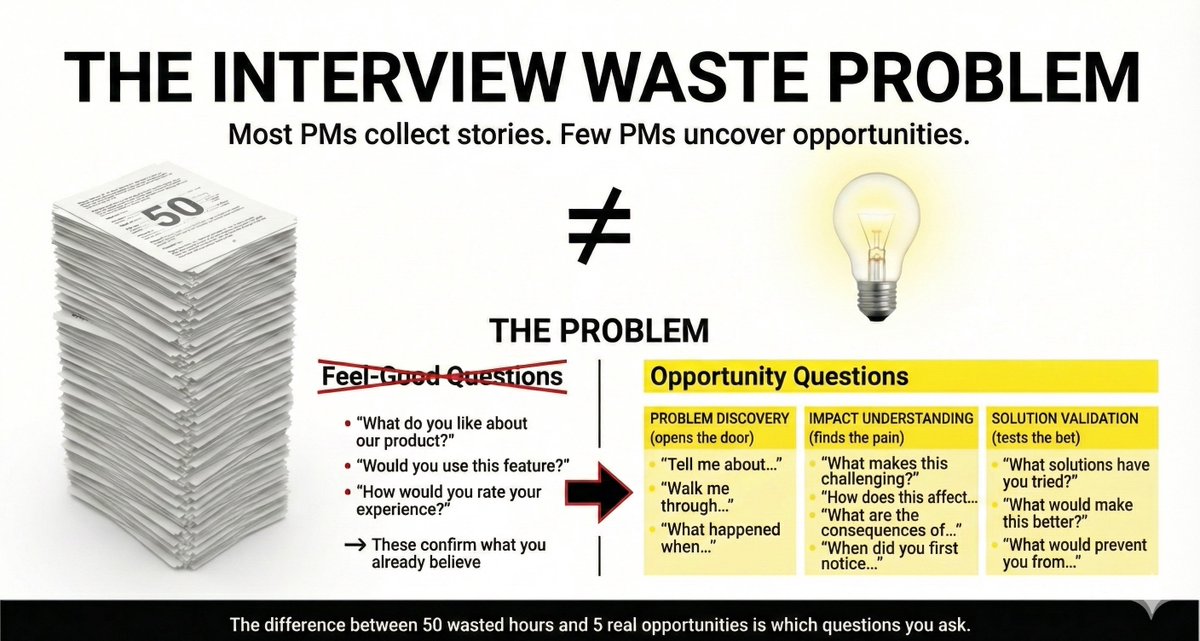 nurijanian's tweet image. &quot;I&apos;ve done 50+ user interviews&quot; = &quot;I&apos;ve wasted 50+ hours&quot;

Most PMs are just collecting feel-good stories while their competitors are shipping.

Here are the only questions that actually uncover real opportunities:

[Problem Discovery]
- Tell me about...
- Walk me through...
-…