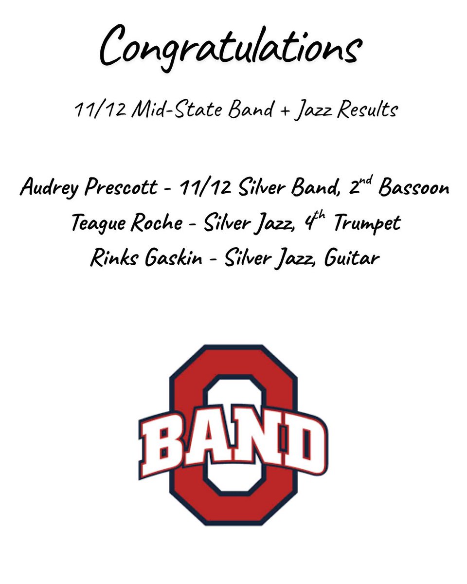Congratulations to Audrey, Teague and Rinks for earning a spot in the 11/12 Mid-State Band and Mid-State Jazz Band!