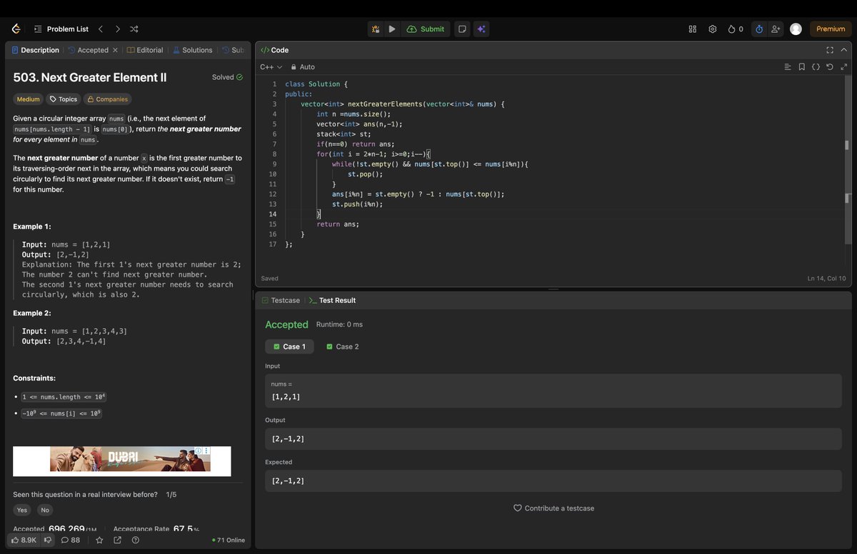 Rohan_269's tweet image. Day 90/200: Solved-“Next Greater Element II” 🔄
Used a monotonic stack and a 2-pass circular scan to find the next greater element for each value.

#200DaysOfCode #LeetCode #Day90 #strivers #A2ZDsa