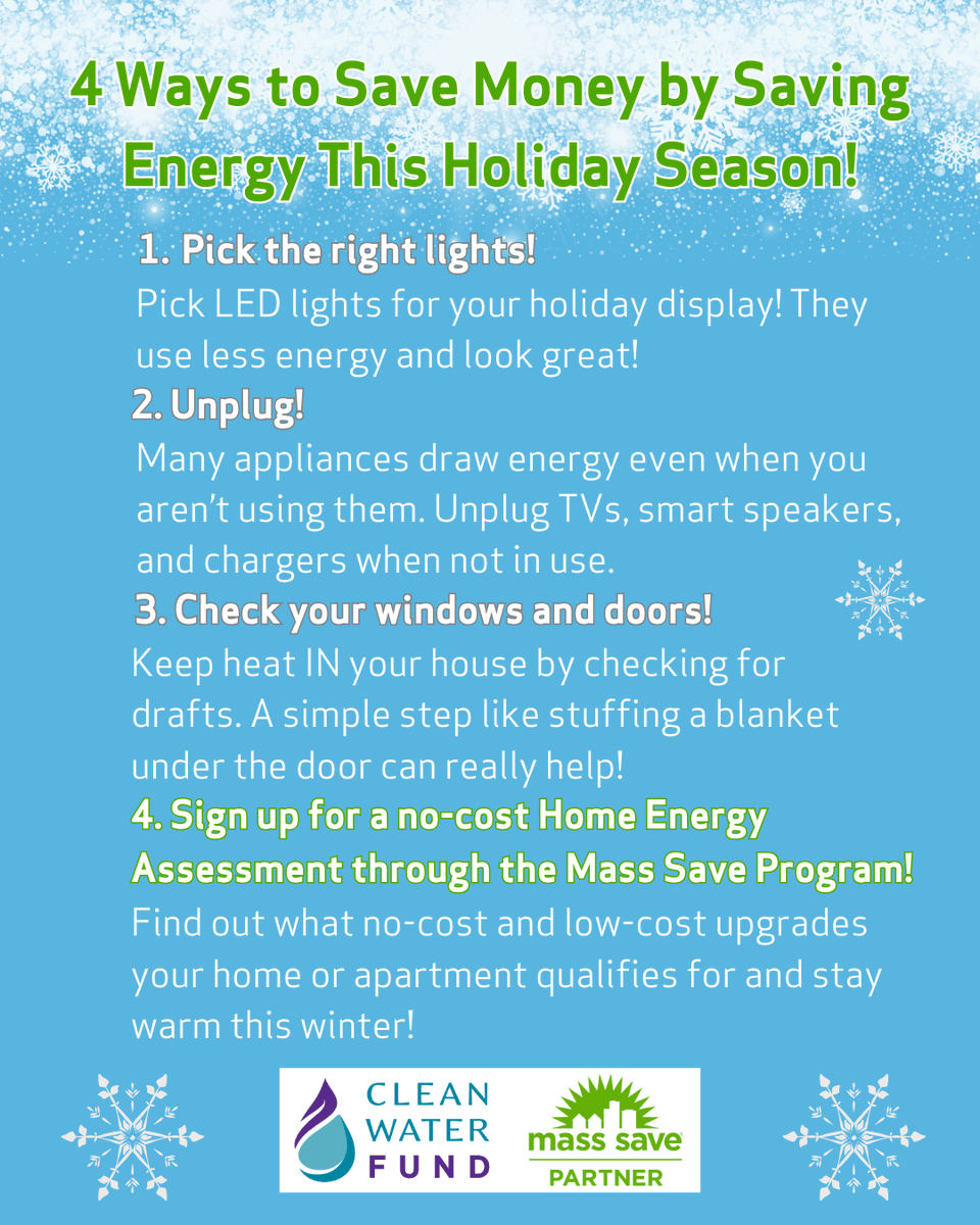 CleanH2OMA's tweet image. ❄ #AttleboroMA and #TauntonMA residents, are you worried about your utility bills this winter? Here are some tips on how you can maintain a cozy home while saving energy and money. The @MassSave Programs are offering up to 100% off on insulation and weatherization right now!💡