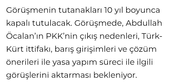 Komisyon ziyareti gerçekleşmiş, hayırlı olsun.Haberdeki bu iki paragrafın anlamı nedir?

Neden çekindiniz? <a href="/HuseyinYayman/">Hüseyin Yayman🇹🇷</a> 

Nasıl bir şeffaflıktır ki Öcalan'ın söyledikleri 10 yıl gizli kalacak?
Tarafların ne istediğini gizleyerek, ne kadar yürüyebilir süreç?
<a href="/NumanKurtulmus/">Numan Kurtulmuş</a>