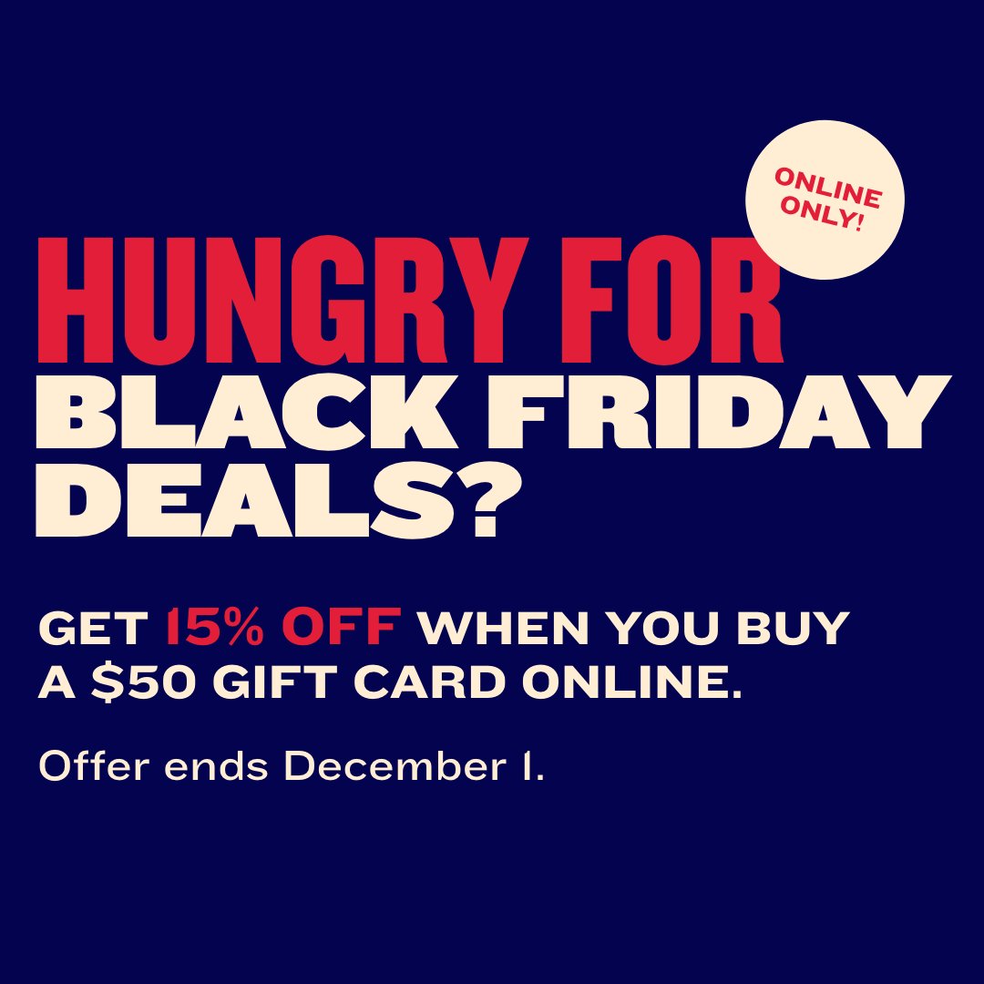 Your Black Friday deal has arrived! Buy a $50 BP E-Gift Card and get 15% off. No lines, no hassle. Gift it or keep it (we won’t tell). 🤫

#BostonPizza #BlackFriday #GiftCards