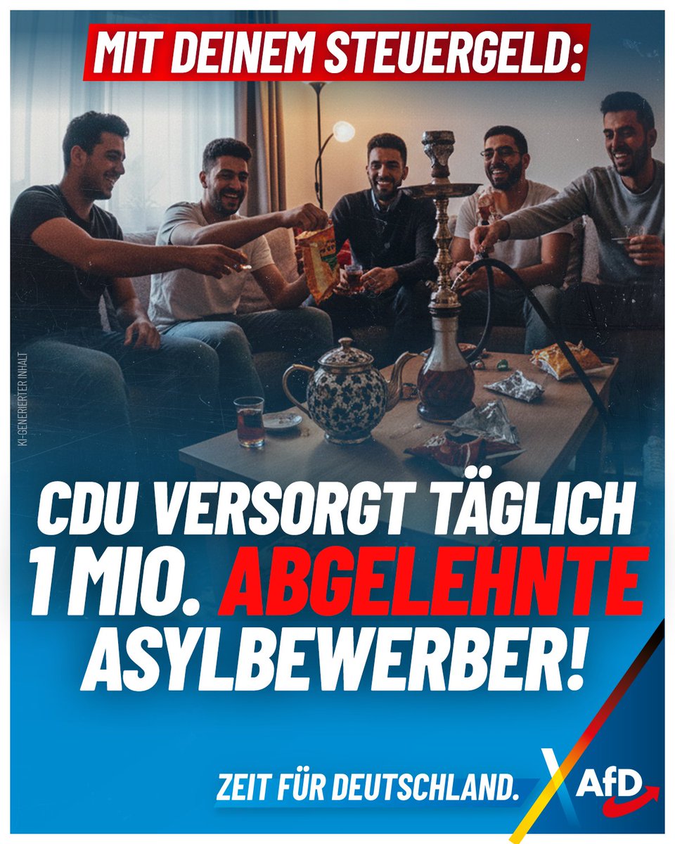 Mit deinem Steuergeld versorgt die CDU täglich fast 1 Million abgelehnte Asylbewerber! Mit uns wird es eine echte Migrationswende geben: Wer kein Bleiberecht hat, muss gehen.