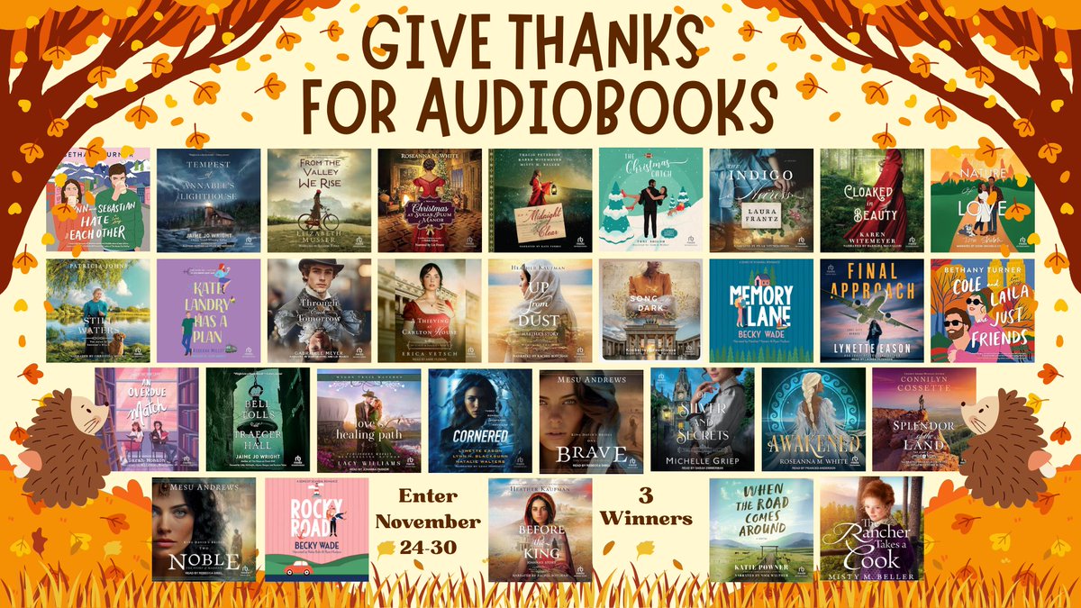 LFrantzauthor's tweet photo. “Give Thanks for Audiobooks” is here 🍂🍁Open to international readers,too! You could win TEN audiobooks from some of your favorite Christian fiction authors. With over thirty titles &amp; three recipients, 11/24-11/30, just follow the link. Thank you!
https://t.co/anEYJSYgZY https://t.co/h1uysv0cob