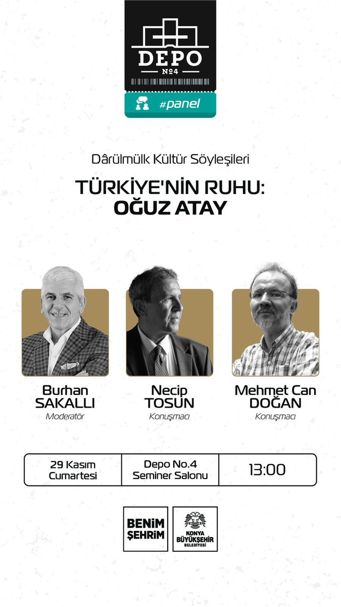 📚 Dârülmülk Kültür Söyleşileri
TÜRKİYE’NİN RUHU: OĞUZ ATAY

Oğuz Atay’ı, düşünce dünyamızdaki yerini ve bugüne uzanan etkisini konuşuyoruz.

🎙️ Burhan Sakallı (Moderatör)
🎙️ Necip Tosun
🎙️ Mehmet Can Doğan

🗓️ 29 Kasım Cumartesi
📍 Depo No.4 Seminer Salonu
⏰ 13.00