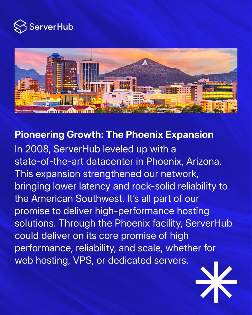 ServerHub's tweet image. In 2008, #ServerHub opened its datacenter in Phoenix, Arizona, marking a new chapter in its growth!🌵 Today, we offer fast, reliable services to users worldwide. Thanks for joining our journey!

#Serverhub #VPS #dedicatedservers #datacenters #Phoenixdatacenter #hostingsolutions