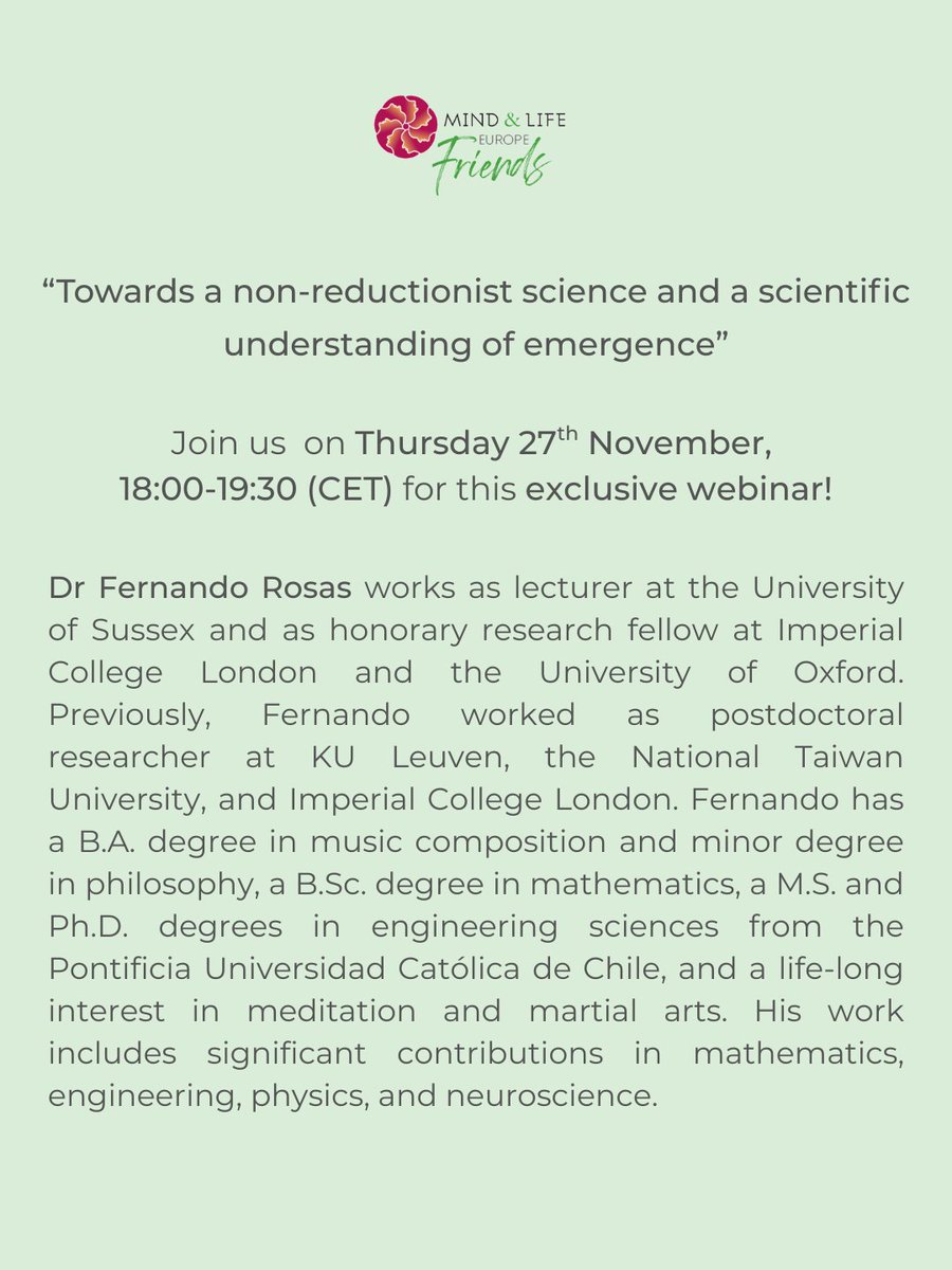 MindandLifeEU's tweet image. Don’t miss Dr Fernando Rosas’ talk this Thursday 27th Nov for a deep dive into emergence in complex systems. Available to all MLE Friends!

Learn more and register now: ow.ly/YCTA50XwLVE

#MindAndLifeEurope #ComputationalNeuroscience #Complexsystems #AI #Emergence