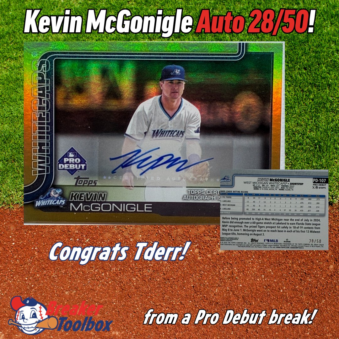 BreakerToolbox's tweet image. Kevin McGonigle 28/50 auto from a Topps Pro Debut break! Congrats Tderr!

#baseballcards #cardbreaks #topps #toppprodebut #thehobby