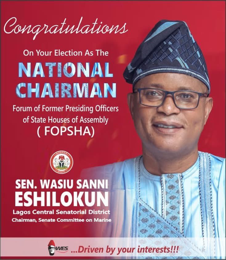 PRESS  RELEASE

Senator Wasiu Sanni Eshilokun Elected National Chairman of Forum of Former Presiding Officers of State Houses of Assembly

We are pleased to announce the election of Distinguished Senator Wasiu Sanni Eshilokun as the National Chairman of the Forum of Former