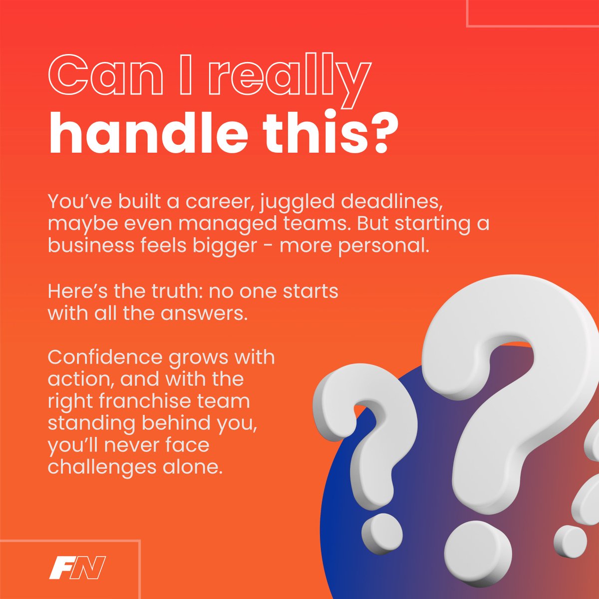 FranNetHouston's tweet image. Before you sign the agreement, you have to make peace with the questions that keep you up at night.
👉 Click through to see 4 questions every future business owner asks themselves - even if they’ve never said them out loud…

#FranNet #SmallBusinessOwnership #TakeYourTimeBack
