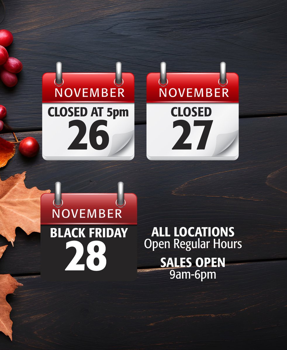 📣 Just a friendly reminder of our holiday hours so you can plan your visit:

We hope you have a wonderful holiday filled with great food and good company! We'll see you bright and early on Black Friday!

#ThanksgivingHours #BlackFriday #HolidaySchedule #ShopLocal #BusinessHours
