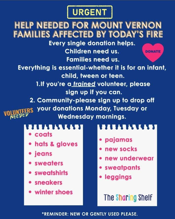 URGENT: Over 200 families have been displaced after a massive fire in Mount Vernon. The Sharing Shelf are collecting new &amp; gently used clothing specifically for this reason. Please sign up at sharingshelf.org to drop off donations Mon. Tues. &amp; Wed. mornings.