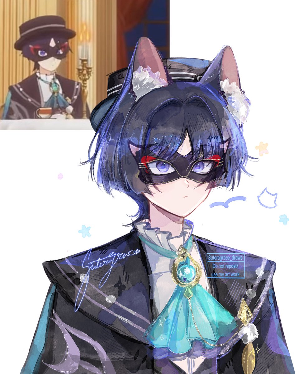 Scarameow 🐈‍⬛🩵💙✨　

#Genshinfanart #GenshinImpact #scaramouche #scarameow #wanderer #放浪者