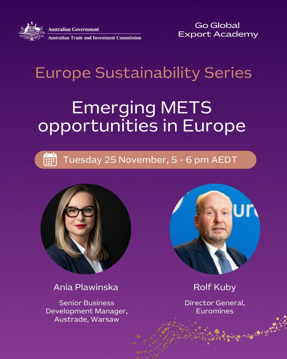 Tomorrow, our DG <a href="/RolfKuby/">Rolf Kuby</a> will join <a href="/Austrade/">Austrade</a>'s Europe Sustainability Series webinar, discussing how Australian METS companies can succeed in Europe’s evolving resources sector. 

➡️ Register now: shorturl.at/TrIoC

#Euromines