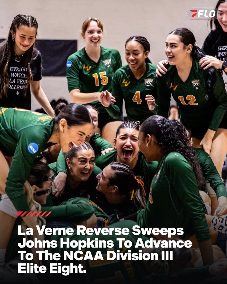FloCollegeVB's tweet image. THE LEOPARDS ARE HEADING BACK TO THE ELITE 8 👏🏆

After going down two sets, La Verne stormed back to win 3 straight sets to upset Johns Hopkins and punch their ticket to the Elite 8! They will play UW Eau-Claire December 3rd at 7pm 🏆

#SCIACVB | @theSCIAC | @ulv_athletics