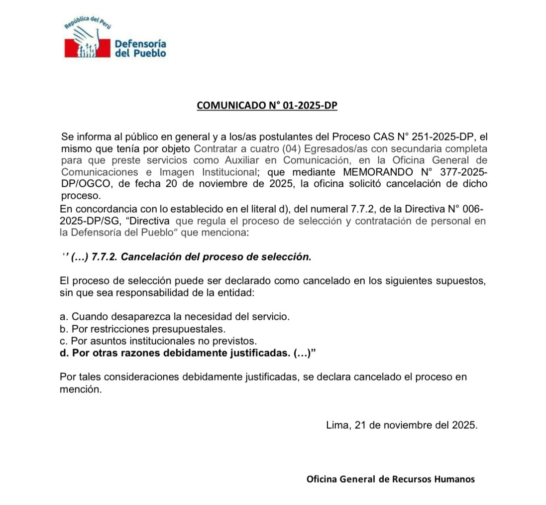 Ante TREMENDO roche, la Defensoría del Pueblo cancela la convocatoria de 4 auxiliares de comunicaciones a los que solo les pedía SECUNDARIA completa. Les iban a pagar S/3.900.

Se cayó el contrato a dedo.