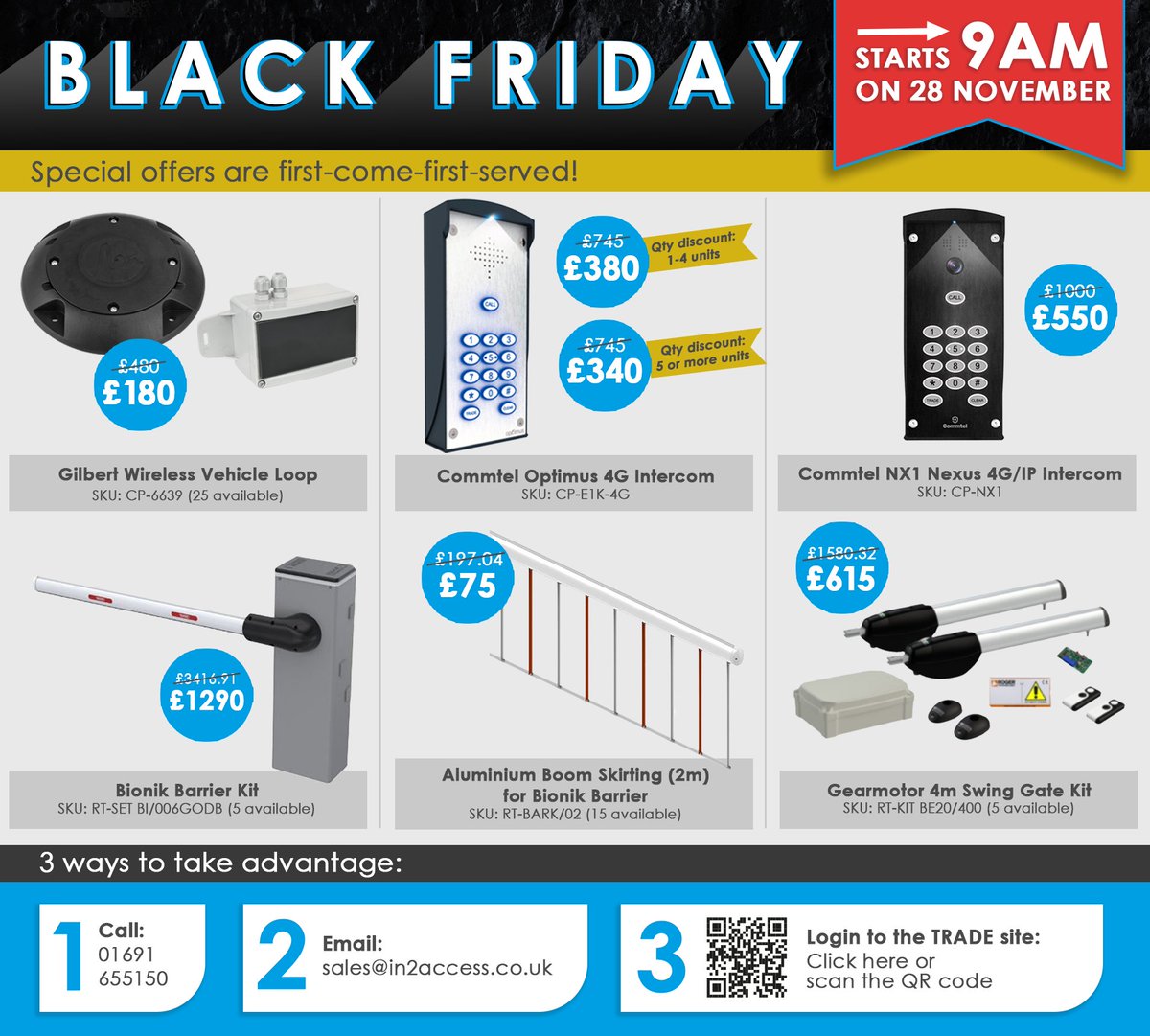 IN2Access's tweet image. Black Friday is nearly here! 🎉

One day of offers on our Top 10 automated gate products — live 9am, 28 Nov.

Want early access? Pre-register now: tinyurl.com/IN2-BLACK-FRID…

#BlackFriday #GateAutomation #UKTrades #AccessControl