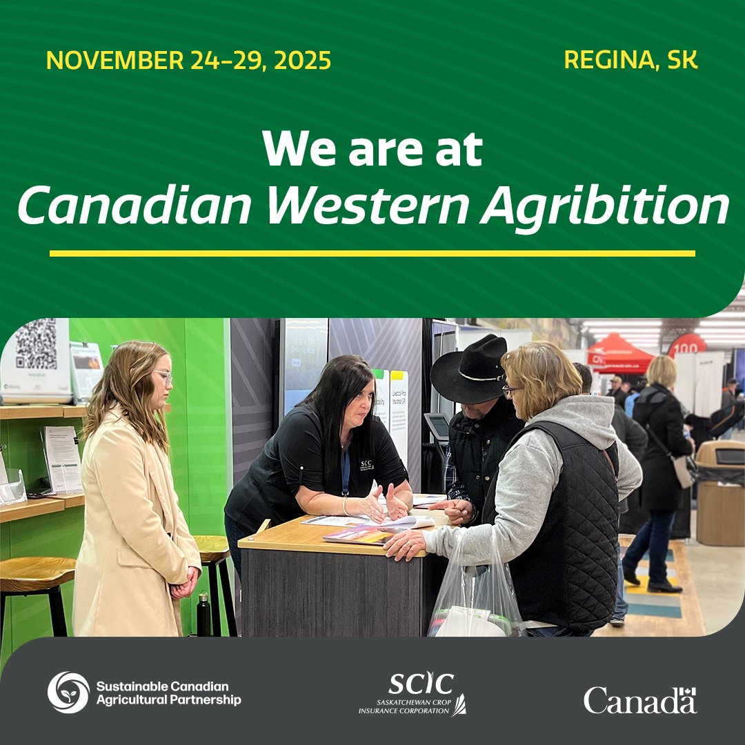 Headed to Canadian Western Agribition this week?

Stop by the SCIC booth to chat about Livestock Price Insurance, Wildlife Damage Compensation and Prevention, Crop Insurance or AgriStability. We are here to answer your questions and discuss any of these programs.

#SaskAg #CWA25