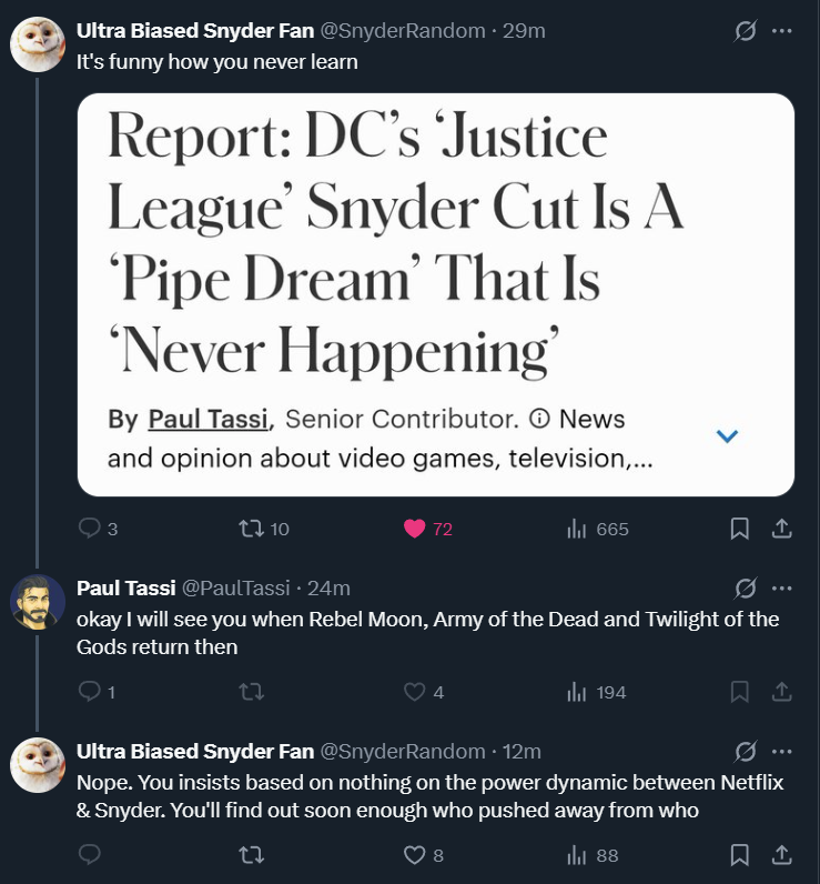 steusmotus's tweet photo. Paul Tassi's an absolute stain. Never taking culpability and instead going on the same course of misinformation. Nobody knows what's going on with Snyder and Netflix, Not Tassi and especially not fucking "What's On Netflix" where he scalped this from. https://t.co/1hNWtYIW8p