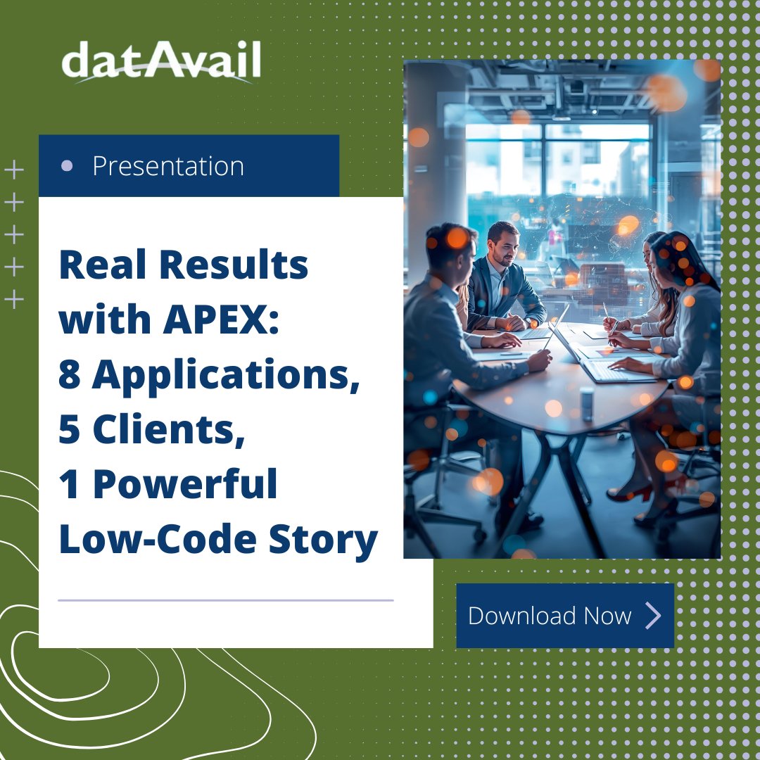 datavail's tweet image. Low-code is accelerating digital transformation, and APEX is helping teams modernize apps with speed and precision. Our session highlights 8 apps delivered across 5 clients, showing how APEX drives agility, innovation, and impact. lnkd.in/gS_PPUKu

#oracleapex
