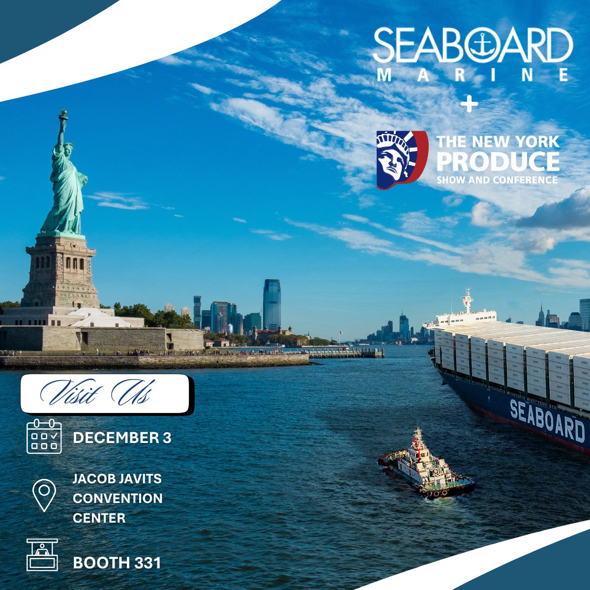 We’re headed to #NYProduceShow on Dec 3! 🍎
Find Seaboard Marine at Booth 331 to see how we deliver freshness with every shipment. ❄️🚢
Cold-chain expertise. Regional reach. Sustainable solutions.
Let’s connect! 👋

#SeaboardMarine #WeBringYouCloserToYourCustomers