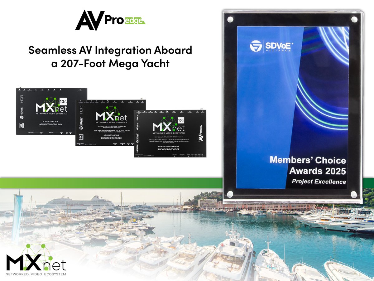 AVProEdge's tweet image. We’re taking a moment to revisit one of our projects—when we brought a full MXNet 10G SDVoE AV platform to a 207‑ft mega‑yacht

A reminder of how high-bandwidth AV, smart planning, and teamwork can create seamless experiences
Read more: avproglobal.com/blogs/news/10g…
#AVProEdge #SmartAV
