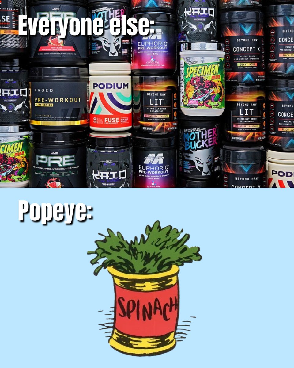 popeyetweetsk's tweet image. Forget yer fancy powders... a spoon o’ spinach’ll pump ya up faster! 💪🥬

#Preworkout #SpinachStrong #Popeye