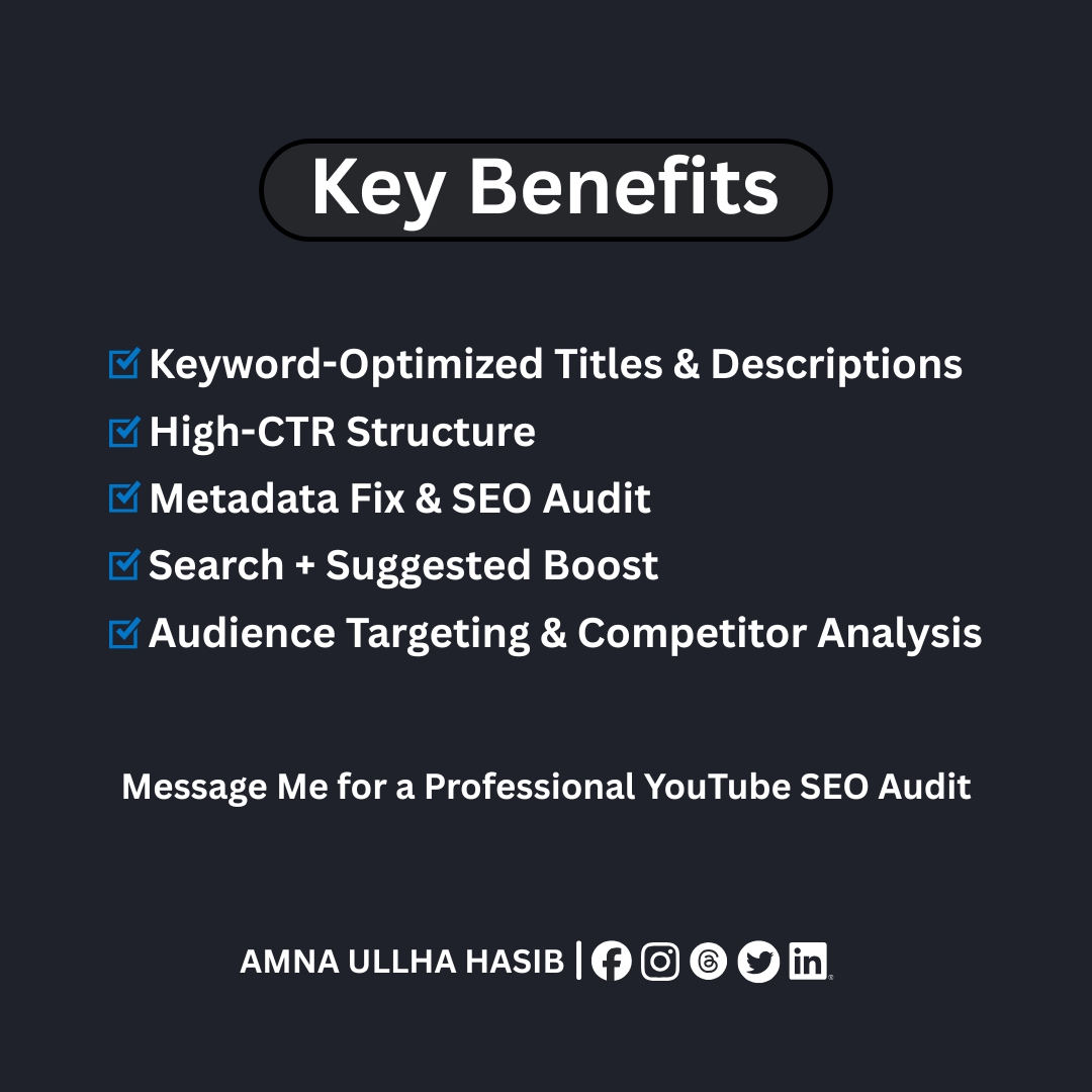 hasibamanullha8's tweet image. YouTube SEO That Drives Real Growth 📊

Are your YouTube videos not ranking or experiencing a drop in CTR despite great content? It’s not your content, it’s your SEO strategy.

#CTRBoost #SearchRanking