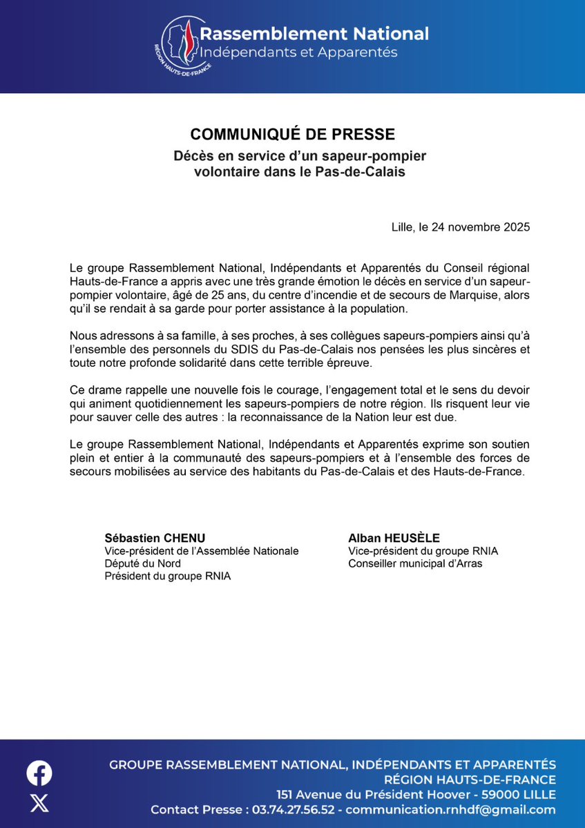 rn_hdf's tweet image. 🔴 Décès en service d’un sapeur-pompier volontaire dans le Pas-de-Calais

Notre communiqué de presse :