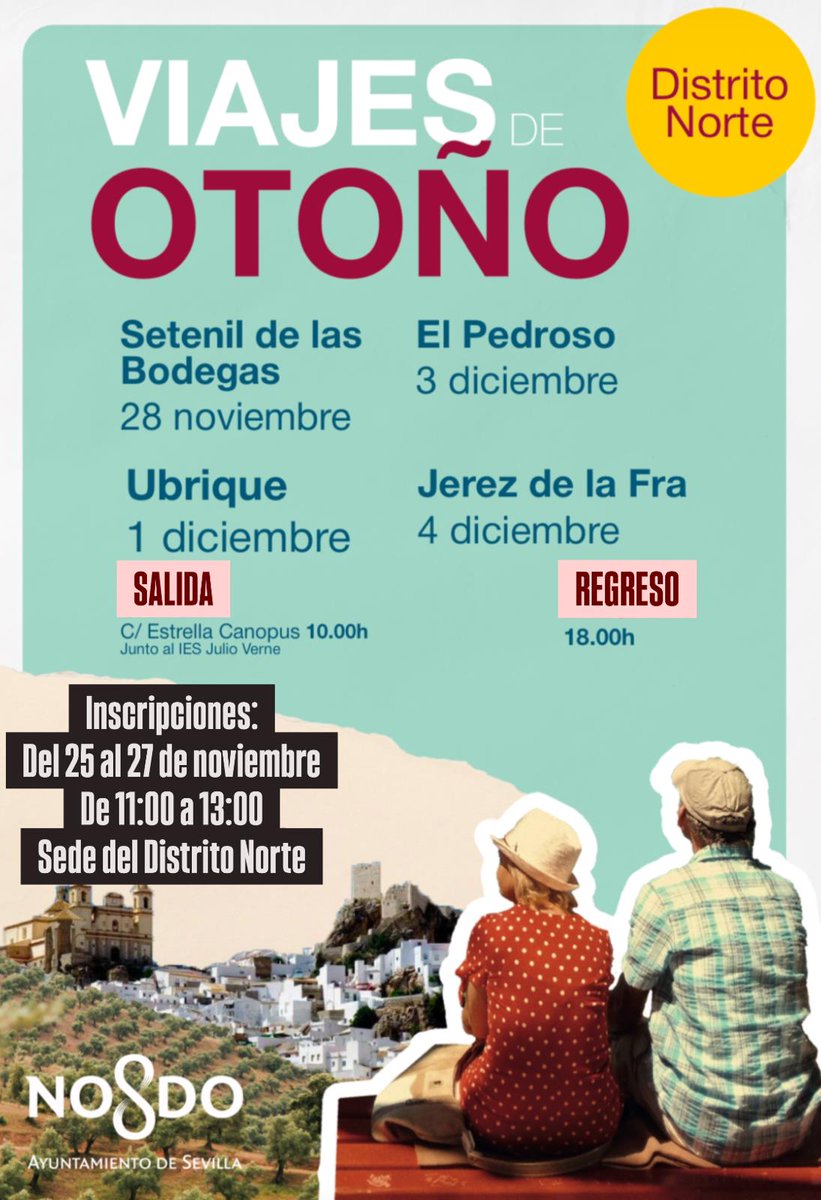 🚍 ¡Descubre Andalucía con los viajes del Distrito Norte!

Continuamos con destinos muy atractivos para disfrute de nuestros vecinos. 

Inscripciones: Sede del Distrito Norte (C/Estrella Proción, 8)
✨¡No te los pierdas!