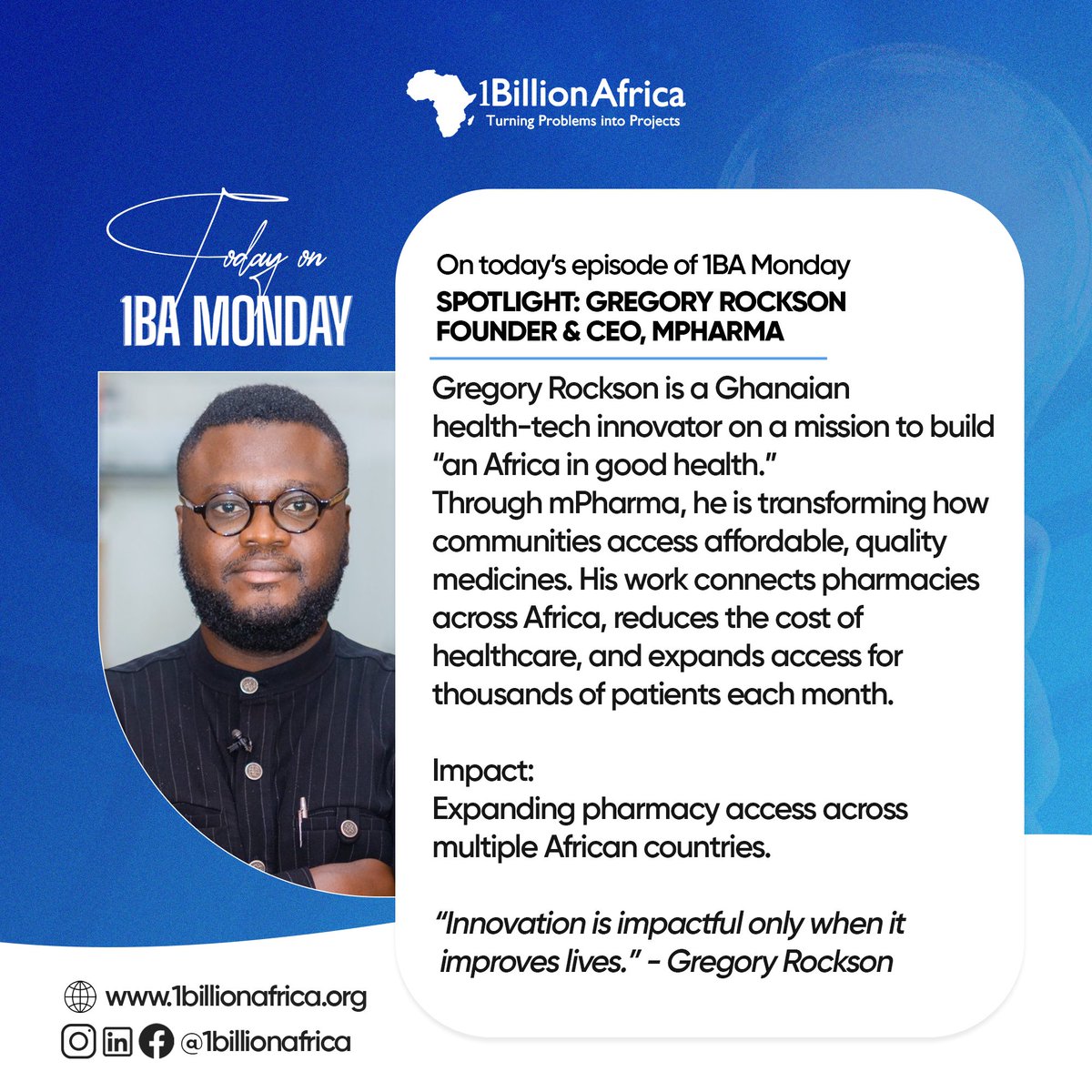 1billionafrica's tweet photo. What Gregory Rockson is doing with his team at @mPharmaHealth is revolutionary! 

Today through his work more than 1,000 hospitals and pharmacies in 9+ African countries have helped more than 2million people save on medications.

Such an inspiration!

#1BAMONDAY
#1BA https://t.co/gOccNVEhbt