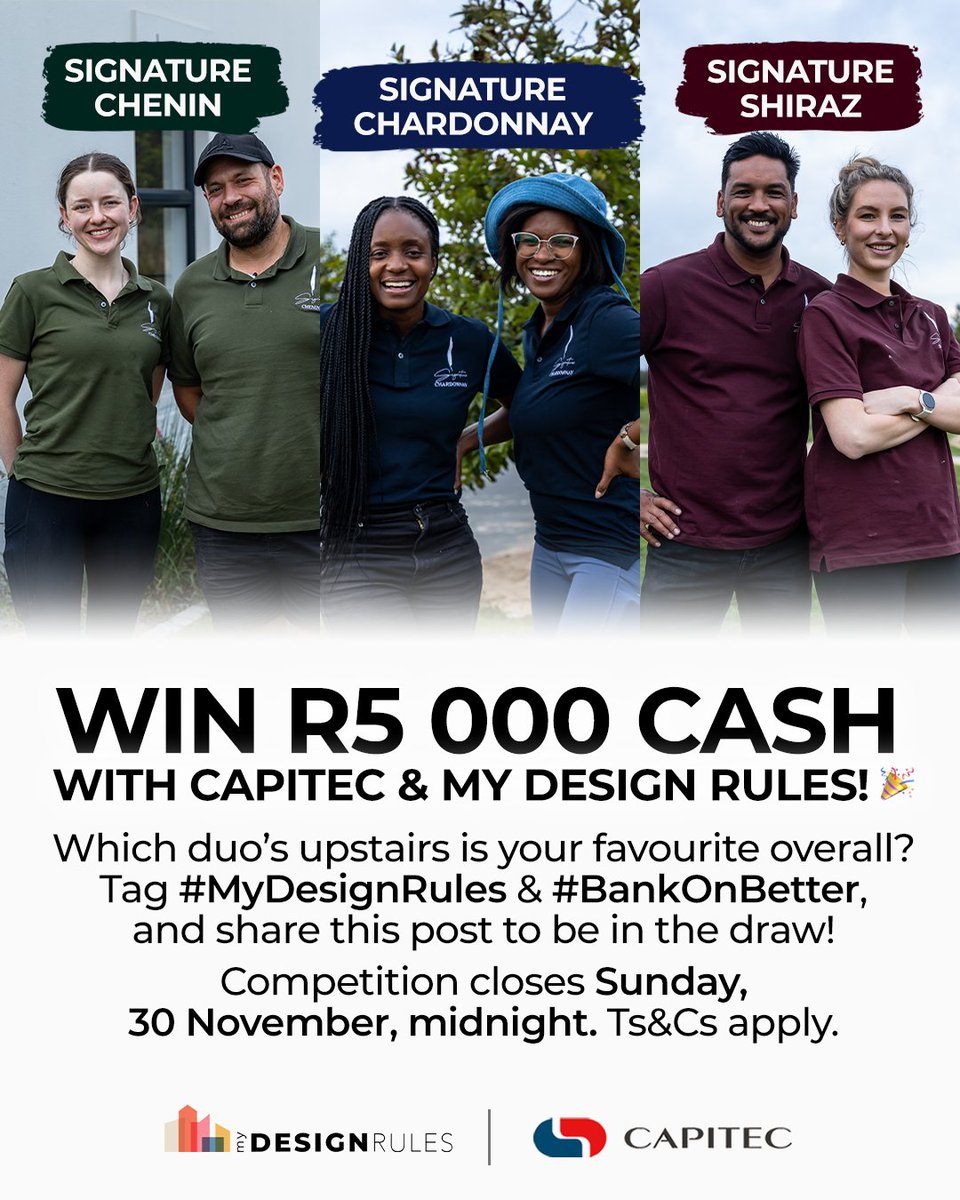 Win R5 000 cash with <a href="/CapitecBankSA/">Capitec</a> and My Design Rules! 💰
Which duos upstairs is your favourite overall? 
Tag #MyDesignRules and #BankOnBetter, then share this post to be entered into the draw.

Competition closes Sunday, 30 November at midnight.
 Ts&amp;Cs apply: