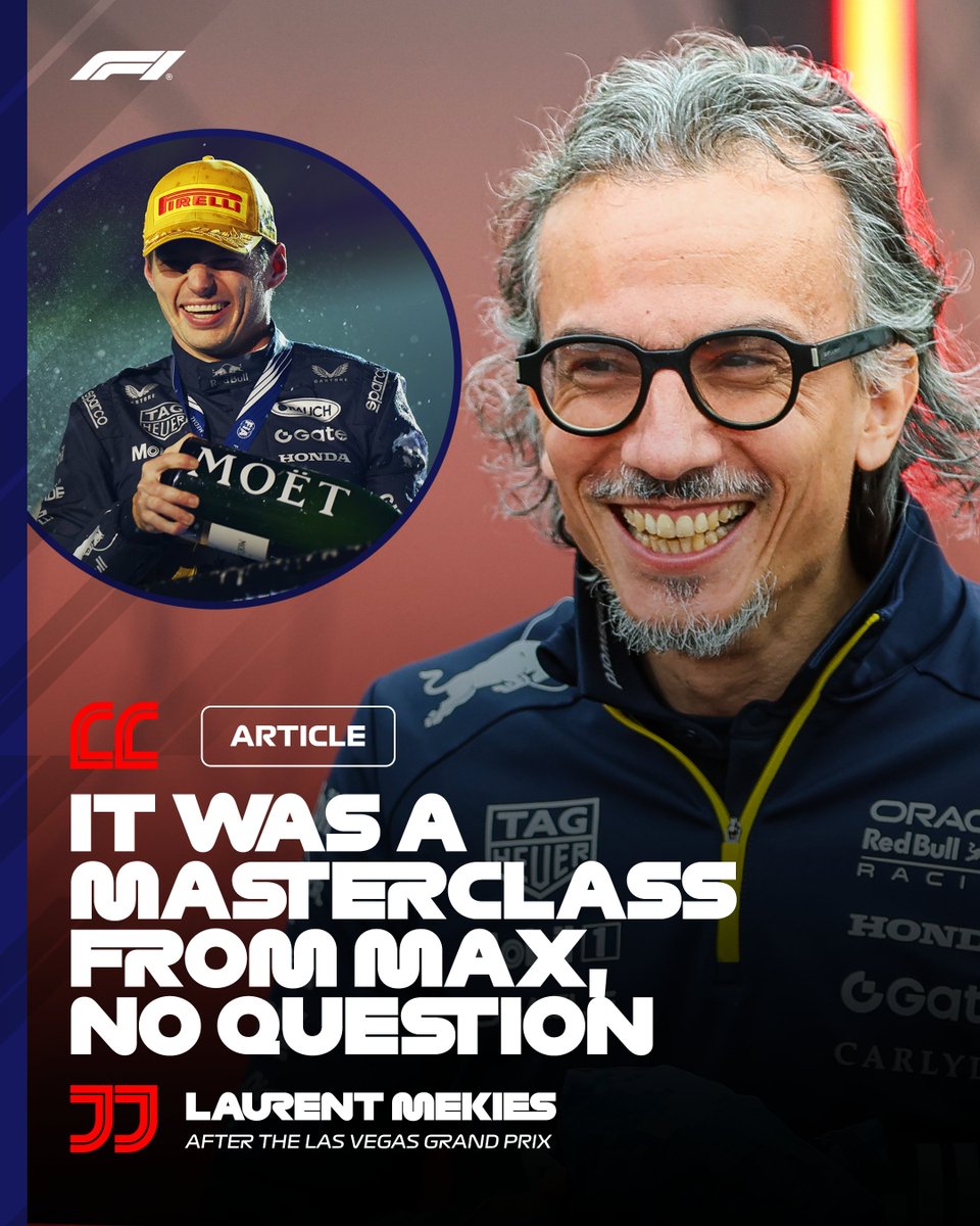 F1's tweet image. Red Bull&apos;s Laurent Mekies has hailed Max Verstappen&apos;s impressive race-winning drive at the Las Vegas Grand Prix as a &quot;masterclass&quot; 👏🤝

Here&apos;s more from Laurent 👉 f1.com/LVGP25-Mekies-…

#F1 #LasVegasGP