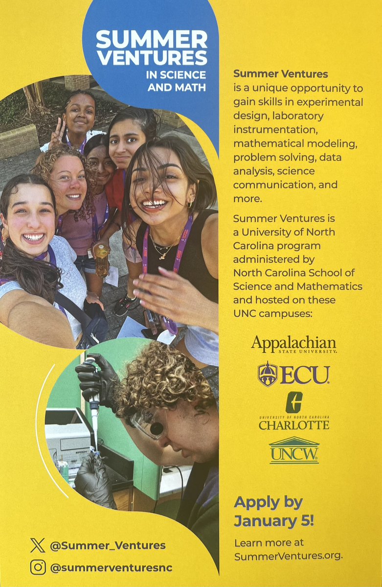 Summer_Ventures's tweet image. Summer Ventures in Science and Mathematics is a no-cost, state-funded program for academically talented North Carolina students who aspire to careers in science, technology, engineering, and mathematics. Rising NC Junior and Senior students can apply by January 5th, 2026!