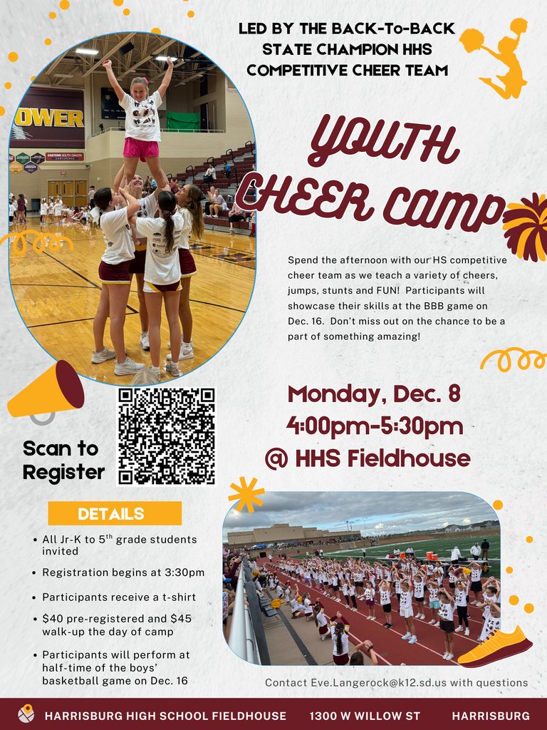 HSDAdventure's tweet photo. Sign up for our Youth Cheer Camp!  Cheer with the HHS cheerleaders and perform at halftime of a boys basketball game!   Registration closes soon: https://t.co/94LQLRTnyu https://t.co/61nbBynxfv