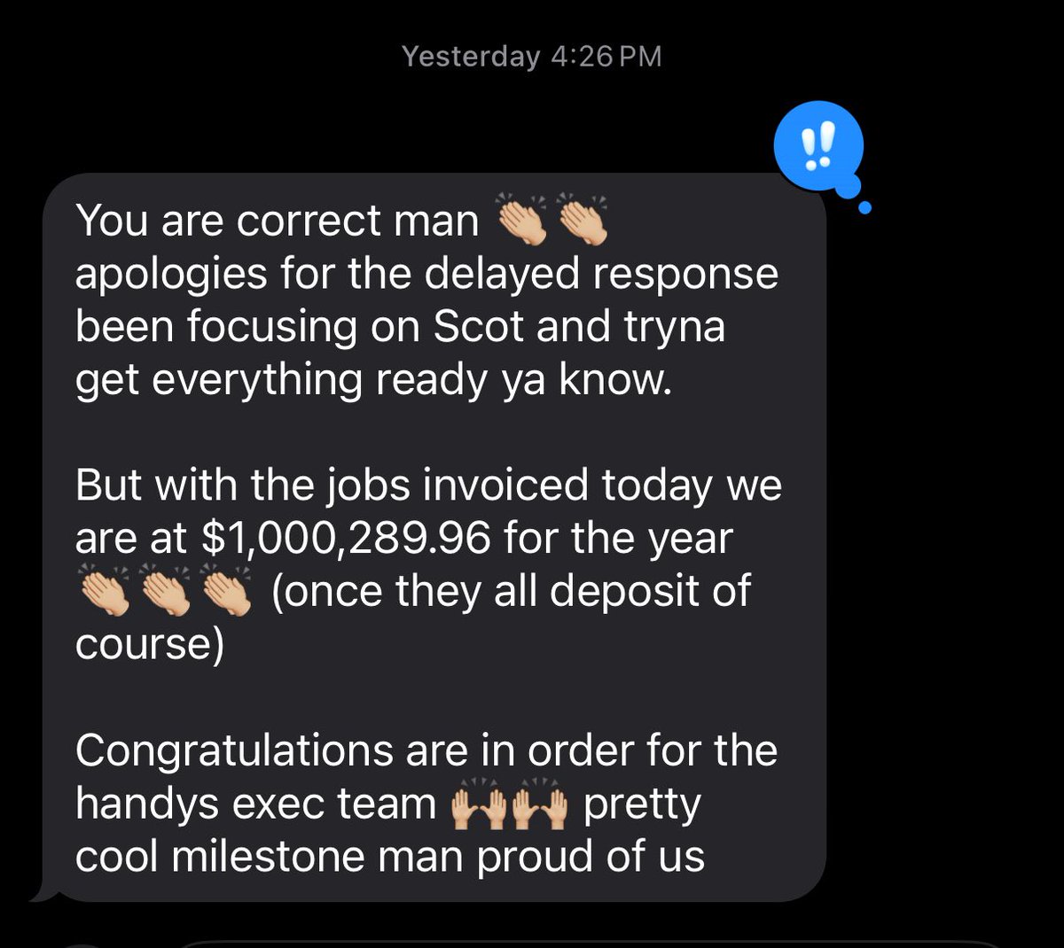 Roughly 9% of companies in the United States ever reach $1M in revenue. Less than 4% do that within their first two years of business. Less than 0.38% of one or two person companies in the US ever hit that milestone. 

In an industry where over 95% of businesses (Handyman) have