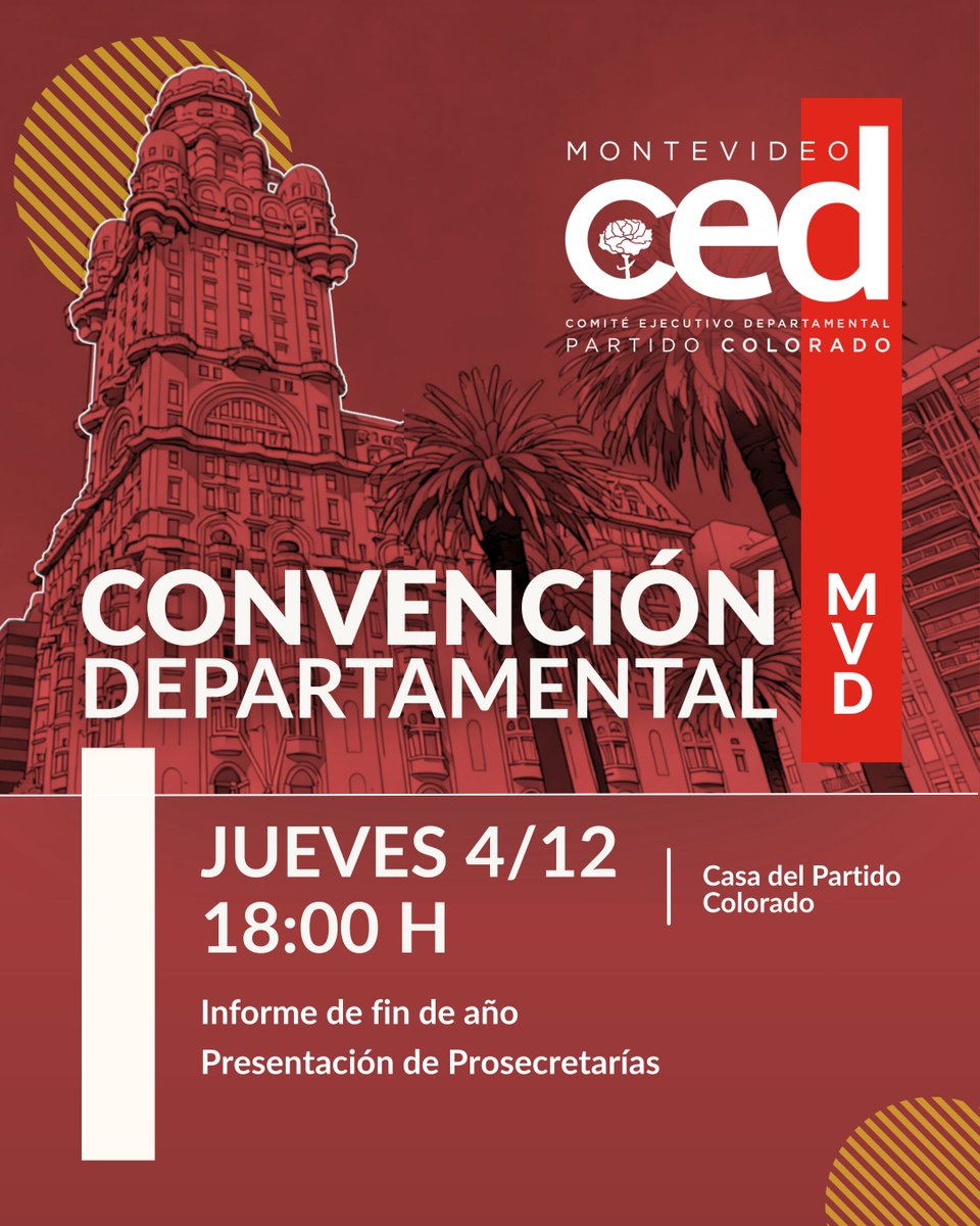 Este jueves 4/12 a las 18:00h nos reunimos en la Convención Departamental de Montevideo del Partido Colorado.

📍 Casa del Partido Colorado
📄 Presentaremos el informe de fin de año
🤝 Y daremos a conocer las nuevas Prosecretarías