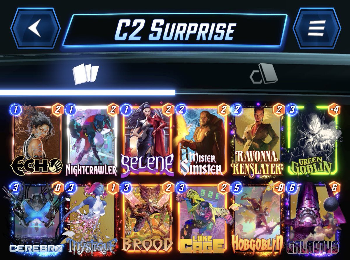 bullseye_qwerty's tweet image. I’ve been having fun on ladder playing Cerebro decks with Galactus as a Plan B surprise.

These are not the most competitive decks but they are really fun to play.

#MarvelSnap