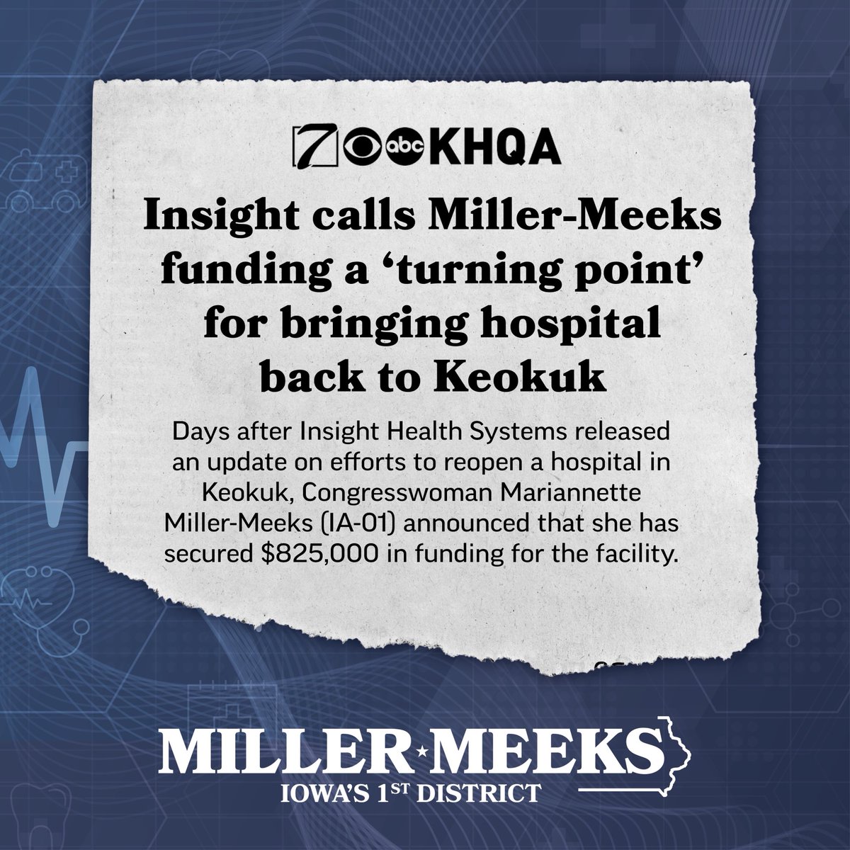 RepMMM's tweet image. Proud to have secured $825,000 to help resume access to healthcare services and emergency care in Keokuk, which has gone without a hospital since 2022.

This funding moves Keokuk one step closer to restoring lifesaving services and making sure families can access care close to…