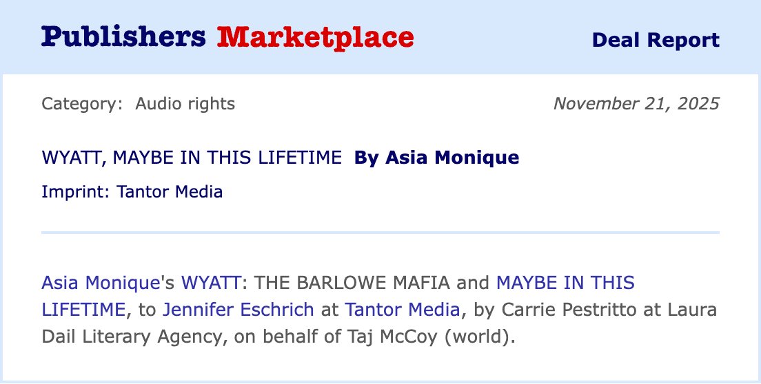LDLAInc's tweet image. Deal alert!!! We&apos;ve got oodles of #audio announcements, starting with two titles by @__ayemonique! Audiobooks of WYATT: THE BARLOWE MAFIA and MAYBE IN THIS LIFETIME will be produced by @TantorAudio. Congrats!!!
