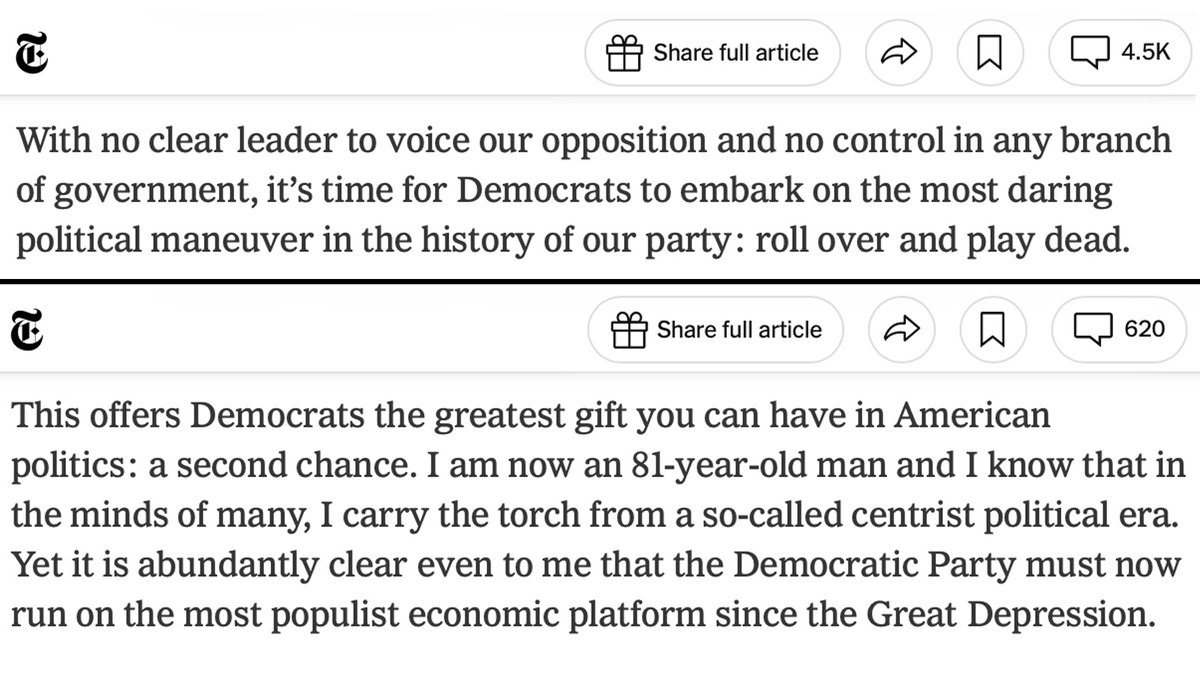These Carville NYT opeds were months apart.

He's gone from demanding Dems play dead to demanding Dems be Bernie Sanders.

A good reminder that thumb-in-the-wind politicos with no principles will change their tune when others do the hard work of shifting the political environment