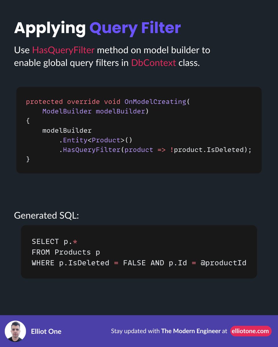 elliot1one's tweet image. Tired of repeating query filters?

Use EF Core Global Query Filters: .HasQueryFilter() in OnModelCreating.

✅ Soft deletes
✅ Multi-tenancy
✅ Row-level security

Bypass if needed using .IgnoreQueryFilters().

#EFCore #DotNet #CleanCode #DevTips