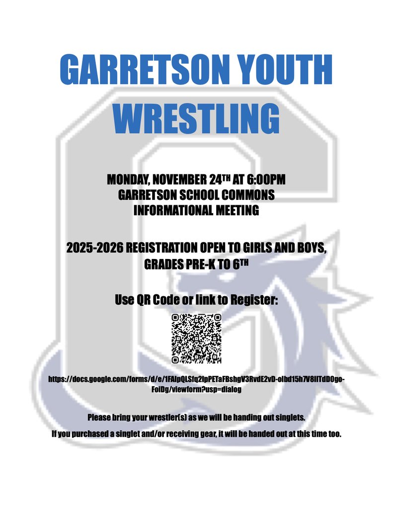 Reminder! There is a Youth Wrestling meeting tonight at 6 PM for parents and athletes! 
You can pick up gear if you ordered it, and try on singlets if you need one for the season.