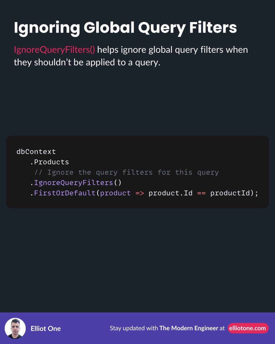 elliot1one's tweet image. Tired of repeating query filters?

Use EF Core Global Query Filters: .HasQueryFilter() in OnModelCreating.

✅ Soft deletes
✅ Multi-tenancy
✅ Row-level security

Bypass if needed using .IgnoreQueryFilters().

#EFCore #DotNet #CleanCode #DevTips