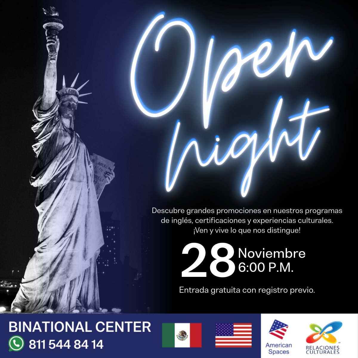 InglesyMuchoMas's tweet image. Te invitamos a nuestro Open Night, un espacio para conocer de cerca nuestra oferta educativa, nuestras actividades culturales y todo lo que un Centro Binacional puede ofrecerte.
El evento es gratuito, con registro previo.

📌 Regístrate aquí: bit.ly/OpenNight2025